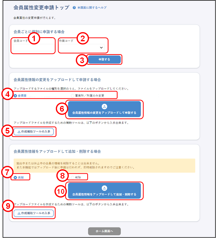 会員の代理申請(上場従業員・役員会員:会員属性変更申請トップ)のイメージです