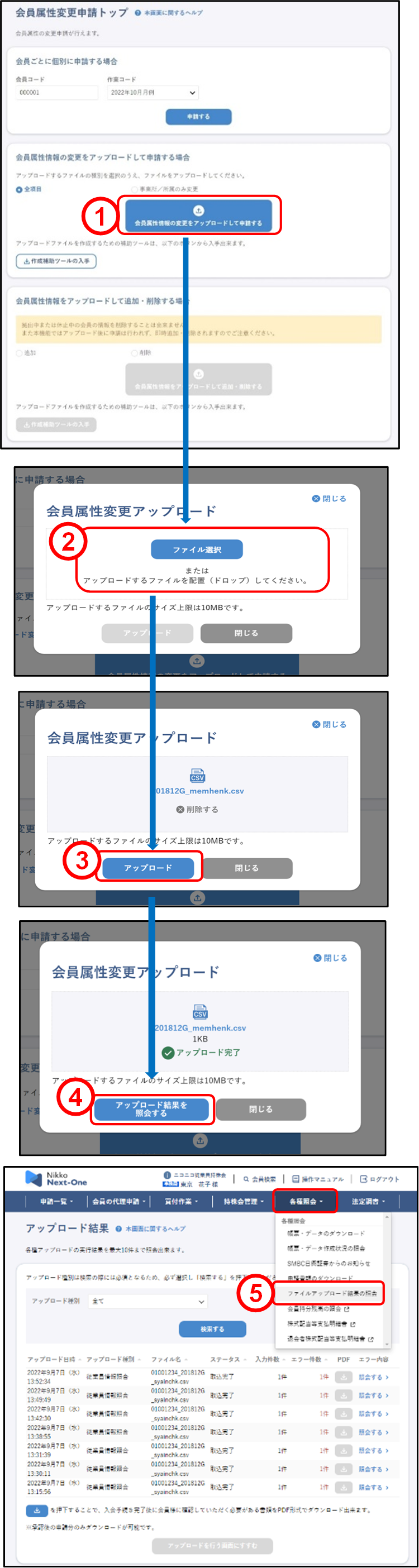 会員の代理申請(上場従業員・役員:会員属性変更申請【アップロードで申請する場合】)のイメージです