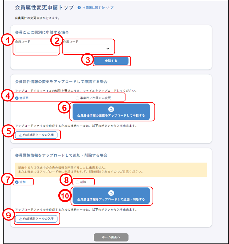 会員の代理申請(上場取引先:会員属性変更申請トップ)のイメージです