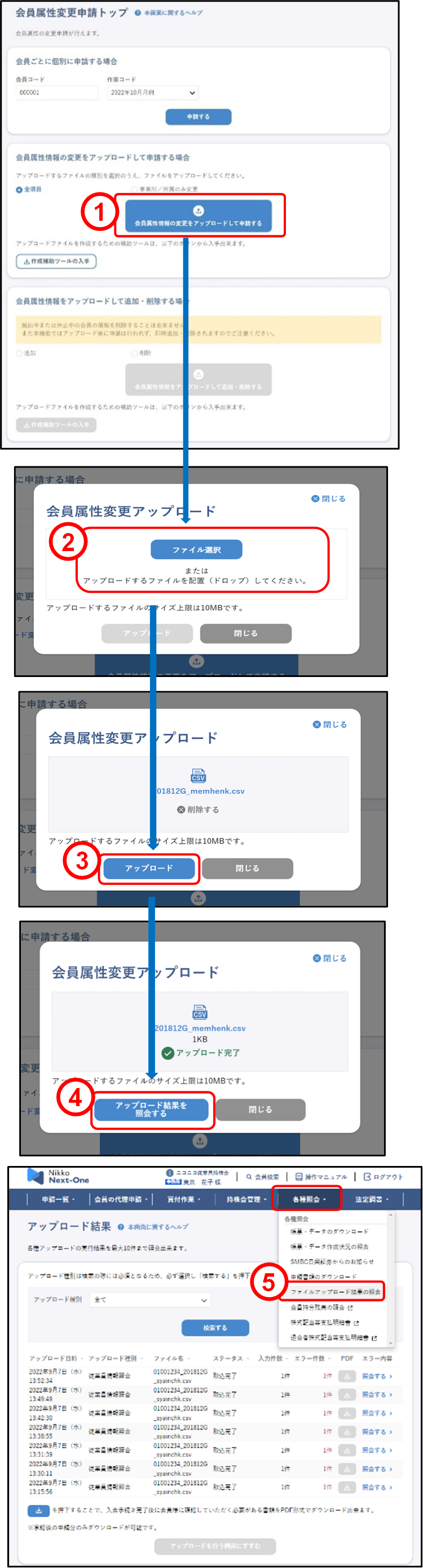会員の代理申請(上場取引先:会員属性変更申請【アップロードで申請する場合】)のイメージです