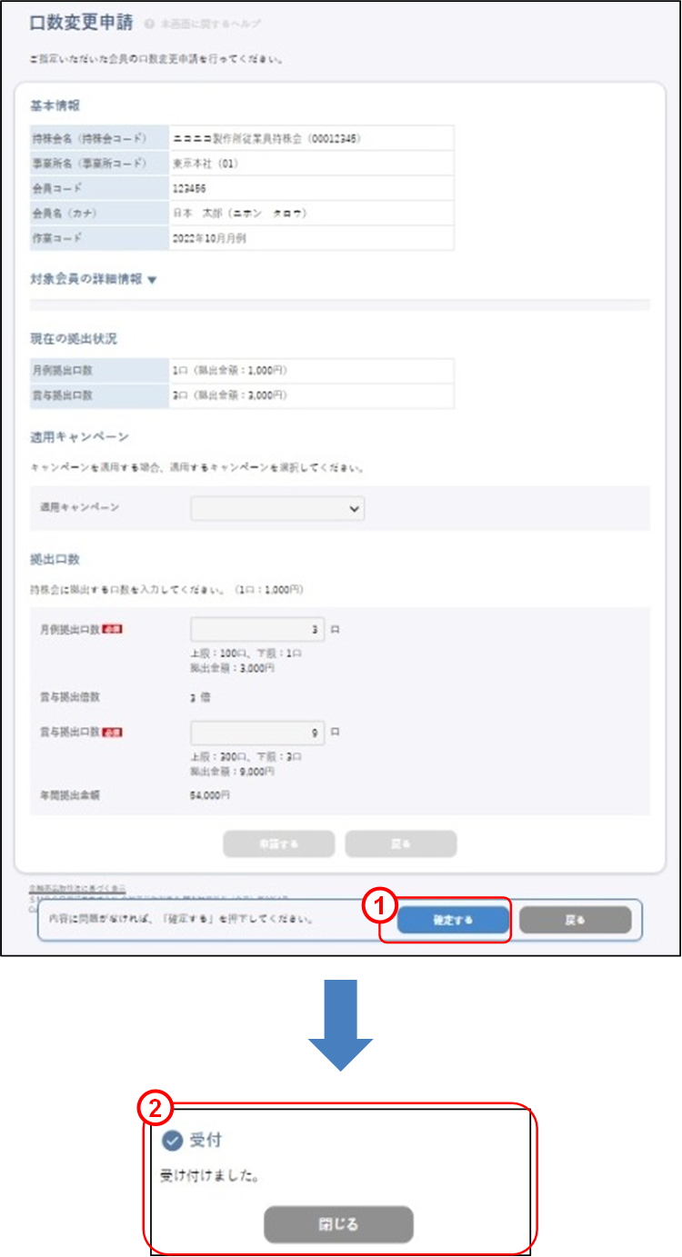 会員の代理申請(未上場:口数変更申請②)のイメージです
