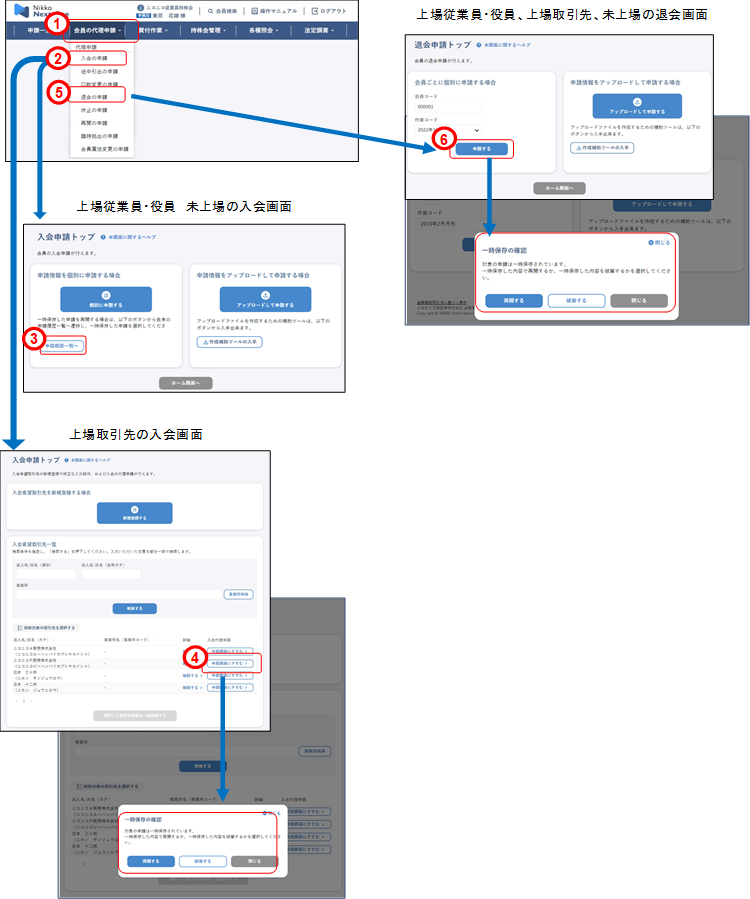 会員の代理申請(申請内容確認:入会メニュー・退会メニューからの一時保存時)のイメージです