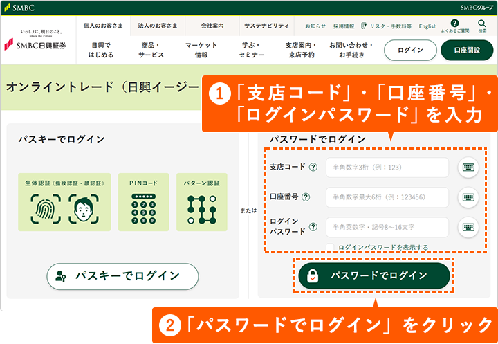 ①「支店コード」・「口座番号」・「ログインパスワード」を入力②「パスワードでログイン」をクリック