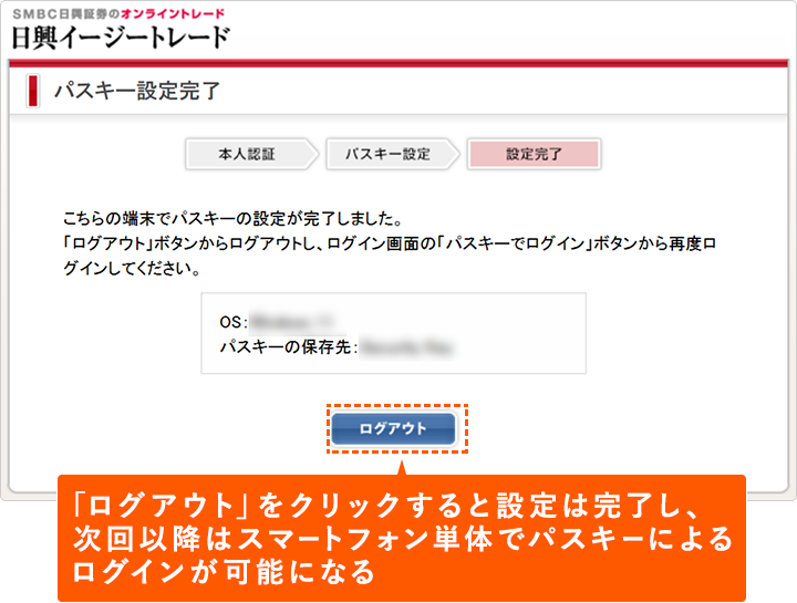 「ログアウト」をクリックすると設定は完了し、次回以降はスマートフォン単体でパスキーによるログインが可能になる