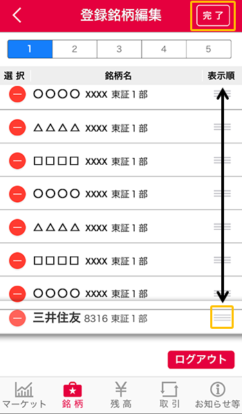 銘柄の編集（順番の変更）の説明図