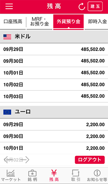 外貨預り金　残高画面の説明図