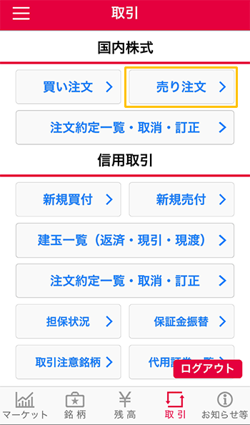 売り注文の入力方法の説明図