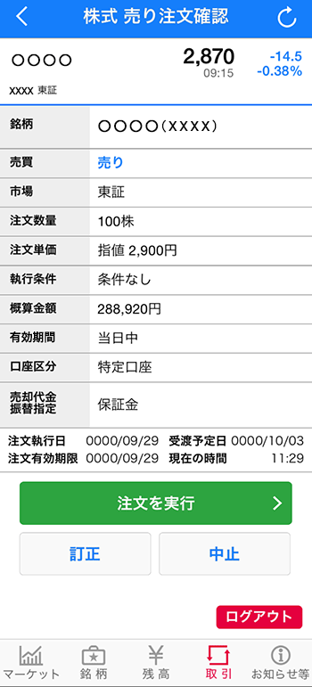 売り注文の入力方法の説明図