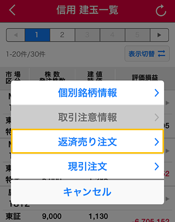 返済売り注文の入力方法の説明図