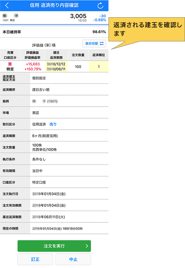 返済売り注文の入力方法の説明図